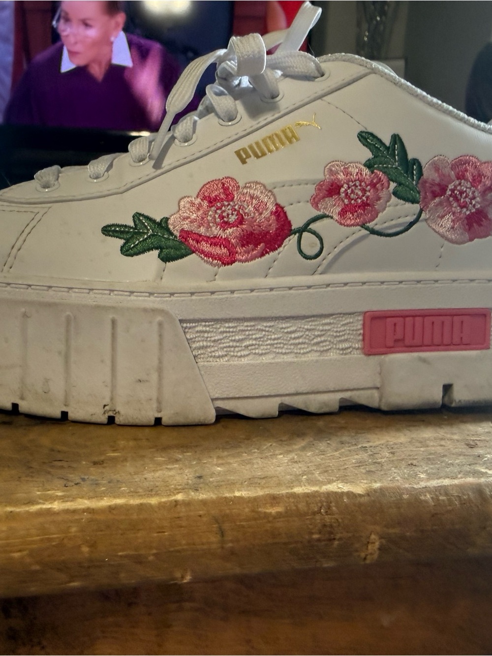 Puma Platform White Sneakers with Pink Floral Embroidery 8.5 - Picture 2 of 4